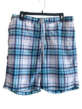 Merona Swim Trunks Board Shorts White Blue Plaid Men L
